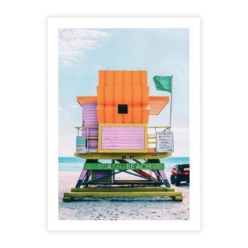 Plakat bez ramy 50x70 - Plaża Miami w Słoneczny Dzień - domek ratownika, kolorowy