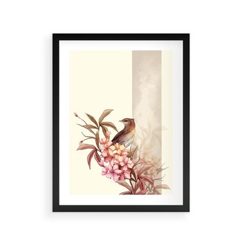 Plakat w ramie 50x70 - Kwiatowe Zanurzenie - japońska sztuka, ptak - rama czarna