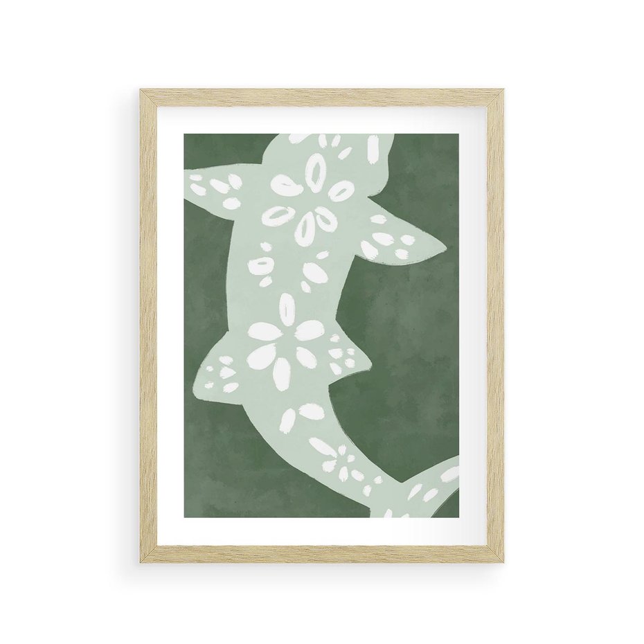 Plakat w ramie 30x40 - Migotliwe Wibracje Zieleni - zielony plakat, abstrakcja przypominająca rybę - rama drewno