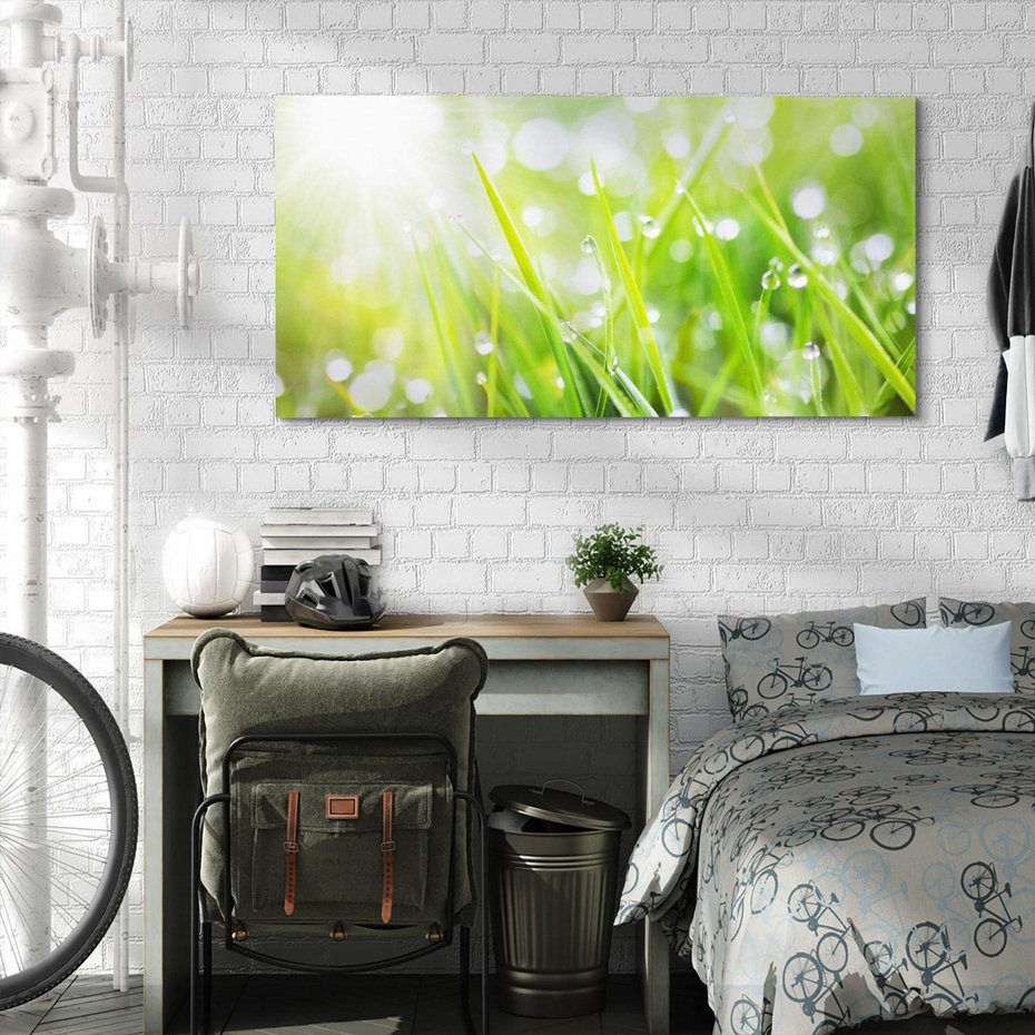 Obraz na płótnie 100x50 - Delikatna trawa pokryta rosą - trawa, rosa