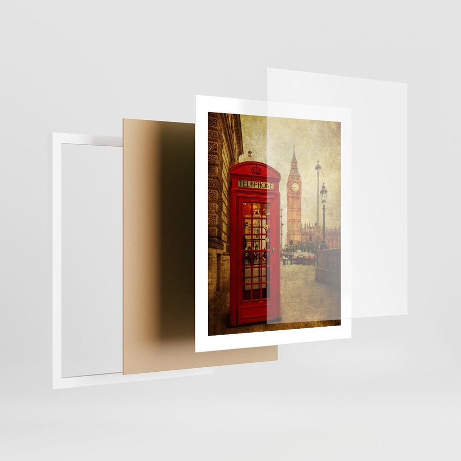 Plakat w ramie 40x50 - Ikoniczna budka telefoniczna w Londynie - sepia, budka - rama biała