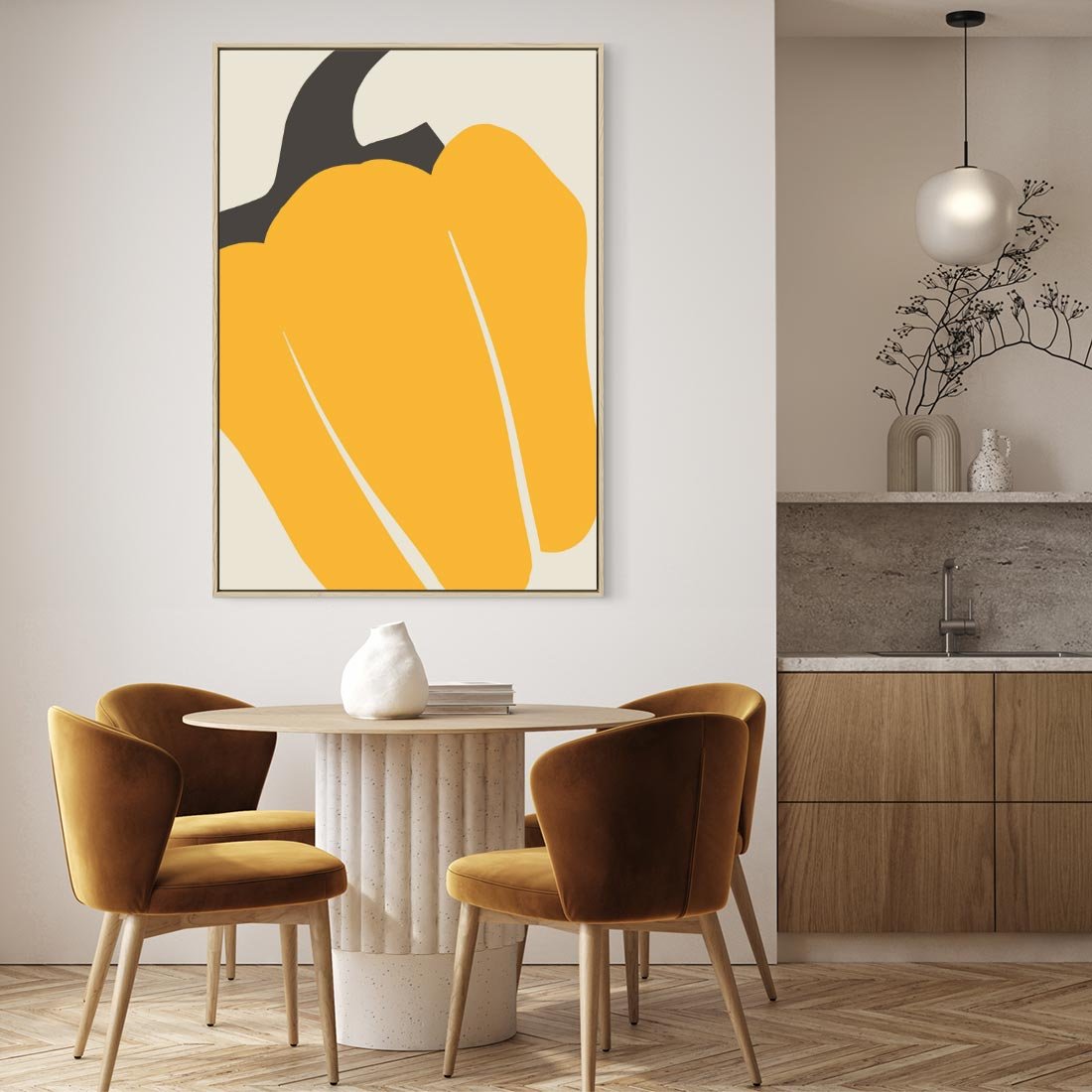 Obraz w ramie 80x120 - Migocące Formy - abstrakcyjny minimalistyczny obraz, żółta papryczka - rama drewno