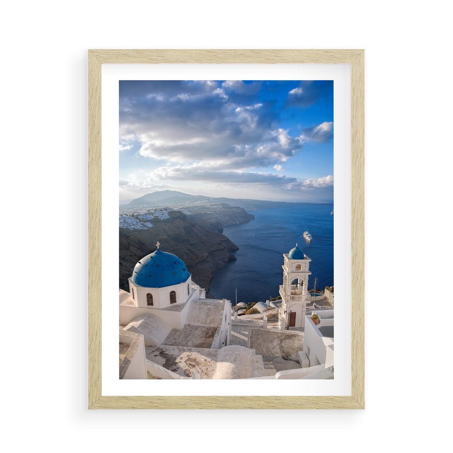 Plakat w ramie 50x70 - Błękitne Przezycia - Santorini, morze - rama drewno