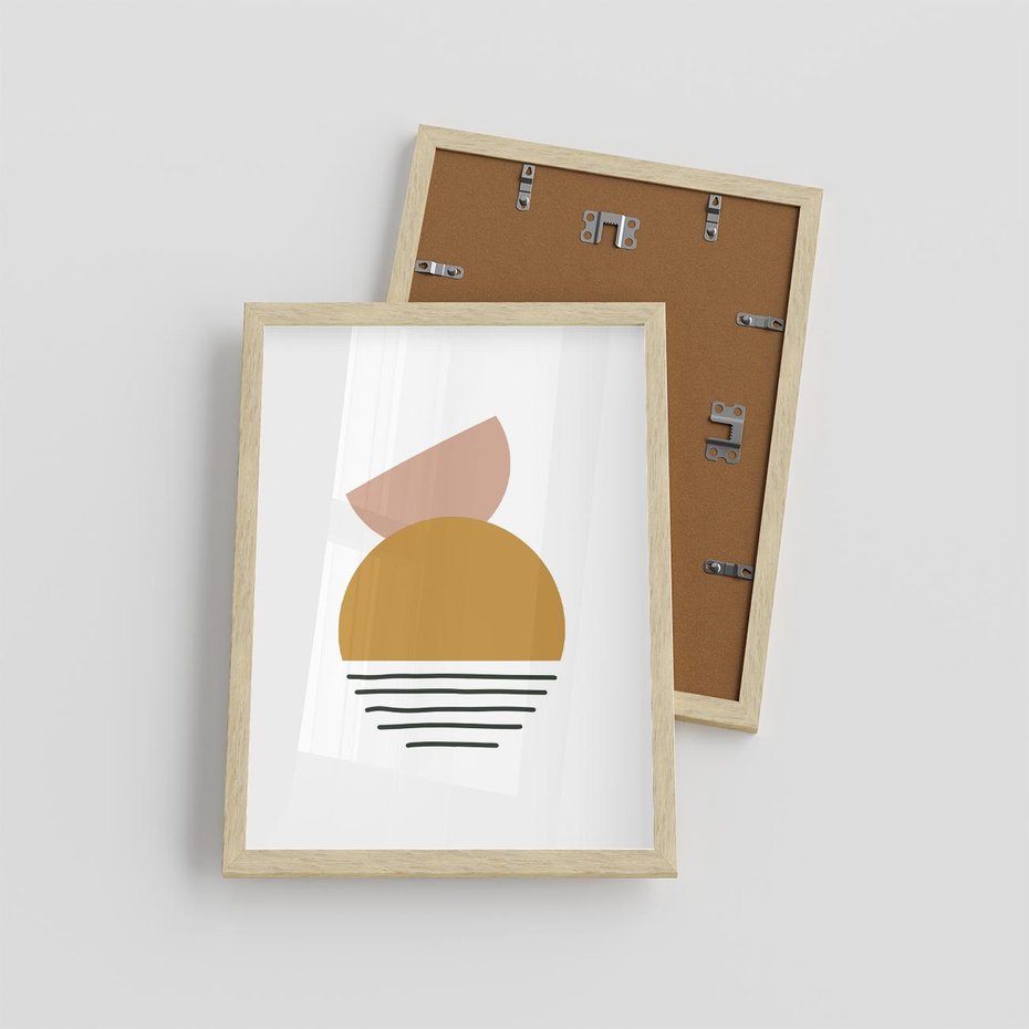 Plakat w ramie 30x40 - Kolory Przyszłości - kompozycja kół i kresek, ciepłe kolory - rama drewno