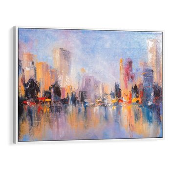 Obraz w ramie 100x70 - Miasto Refleksji - olejna panorama miasta w oddali, wiezowce odbijają się w rzece - rama biała