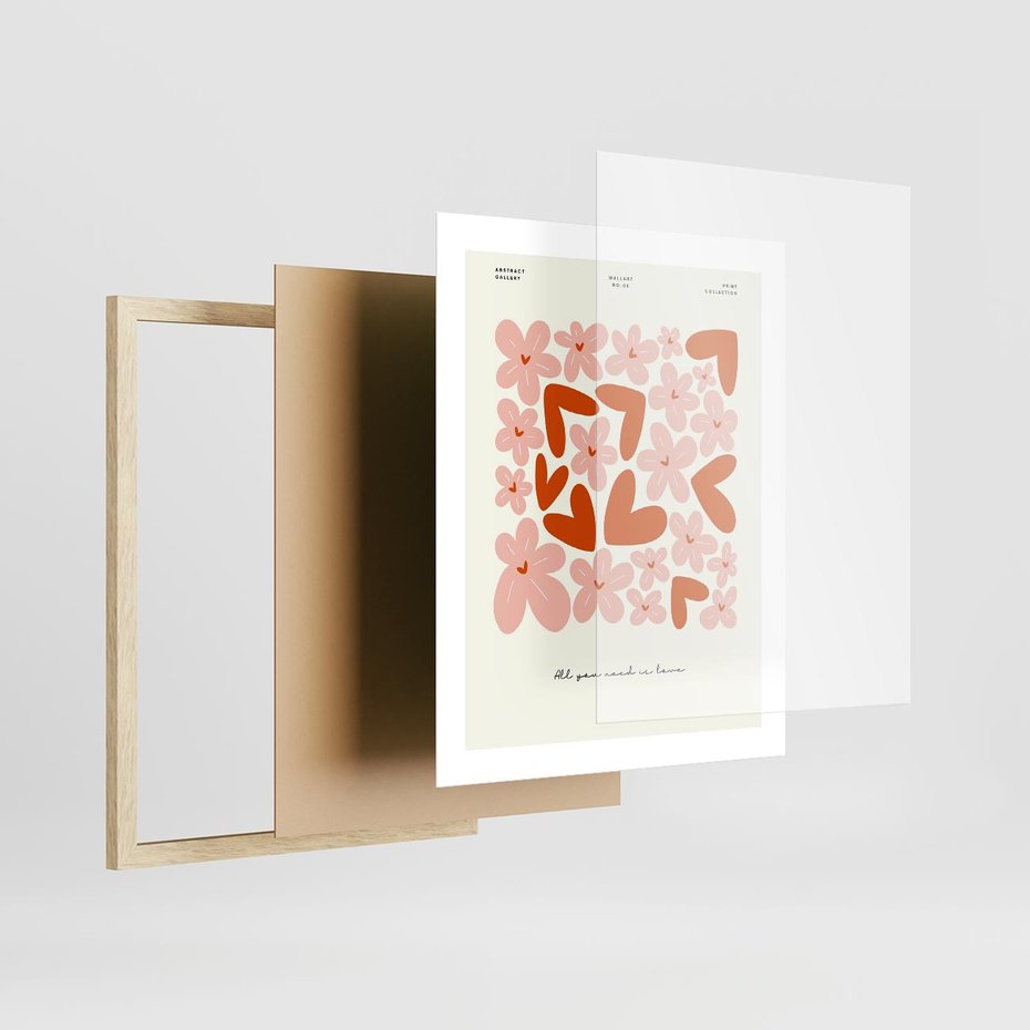 Plakat w ramie 40x50 - Miłość w Kompozycji - grafika, kompozycja kwiaty i serca - rama drewno