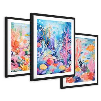 Zestaw obrazy w ramie 50x70 galeria - morze, rybki, akwarela, rafa, koralowa - rama czarna