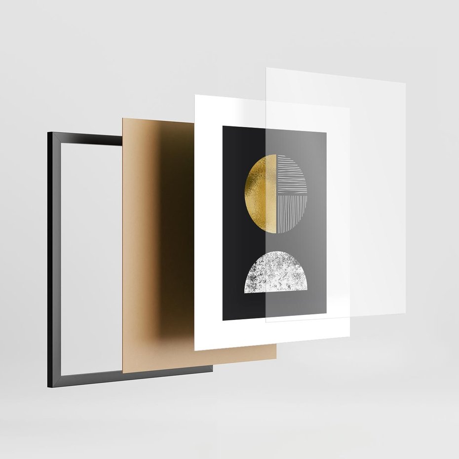 Plakat w ramie 40x50 - Złote Koła i Geometryczne Formy - grafika, modern - rama czarna