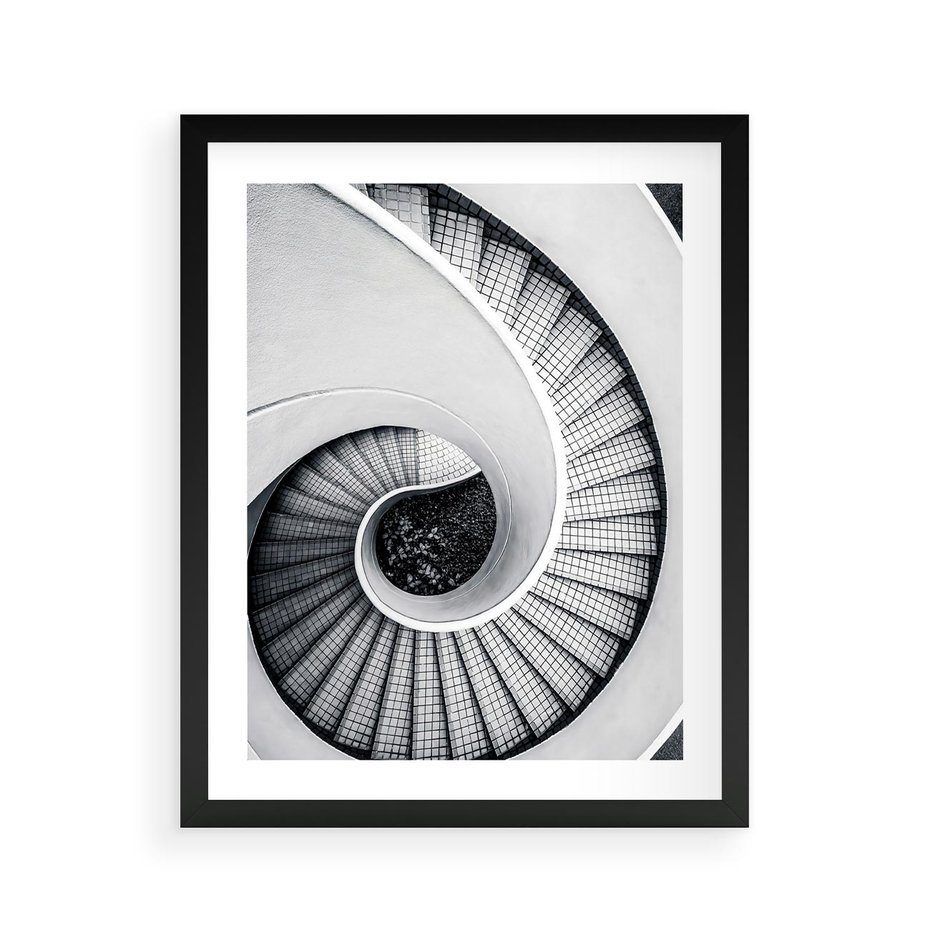 Plakat w ramie 40x50 - Nowoczesne Schody: Kręcone Piękno - nowoczesna architektura, kręcone schody - rama czarna