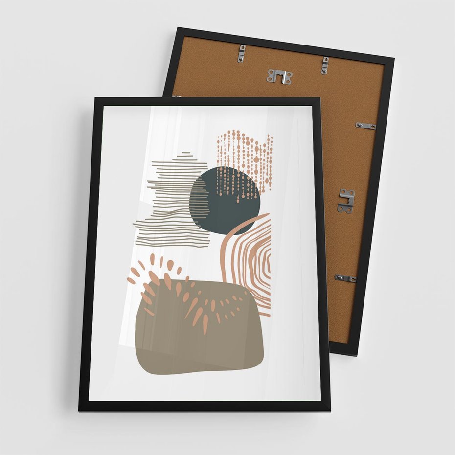 Plakat w ramie 50x70 - Taniec Plam - abstrakcyjna kompozycja z kropek kresek i kółek, odcienie brązu i beżu - rama czarna
