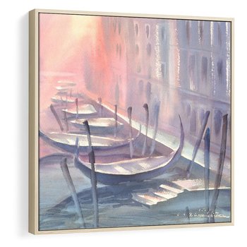 Obraz w ramie 50x50 - Romantyczne Zachody - akwarelowy rysunek, stonowane pastelowe kolory - rama drewno