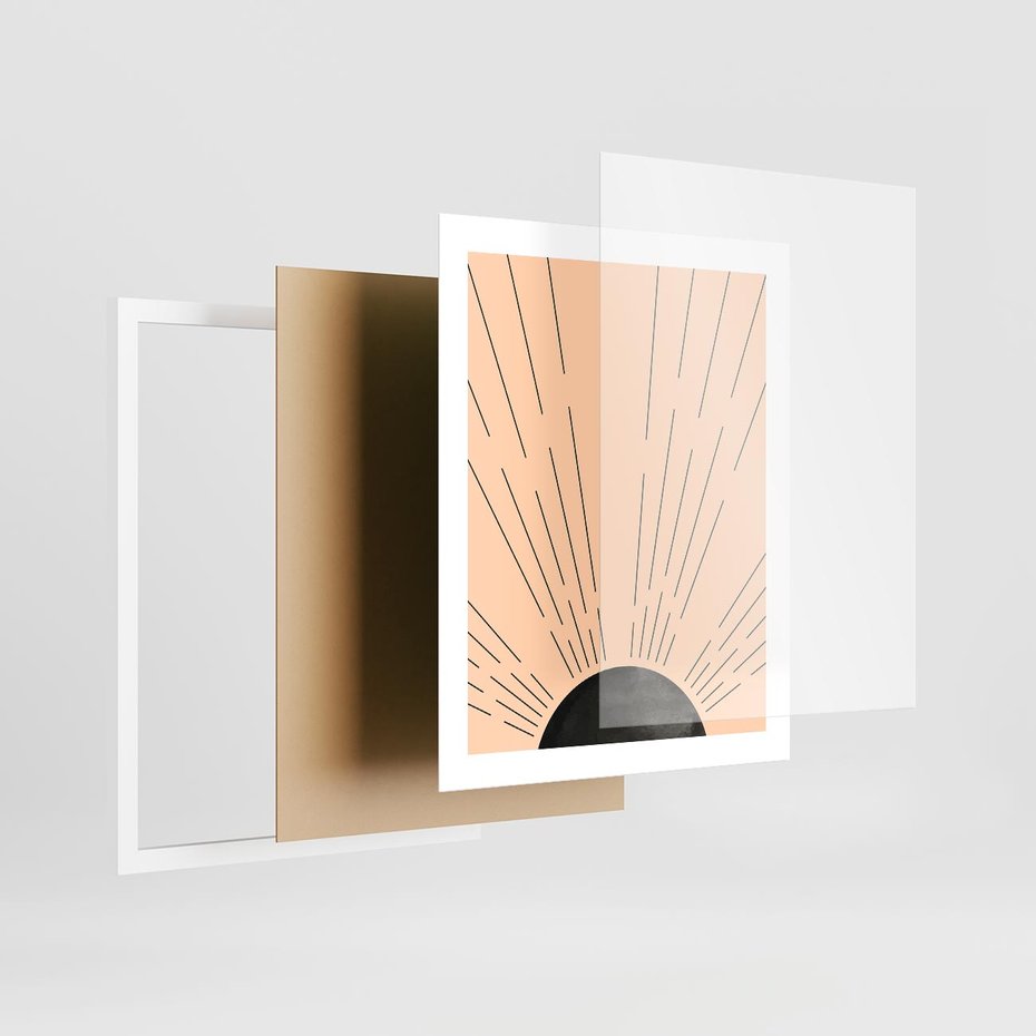 Plakat w ramie 40x50 - Migocące Kształty Promieni - boho czarne słońce, nowoczesna grafika - rama biała
