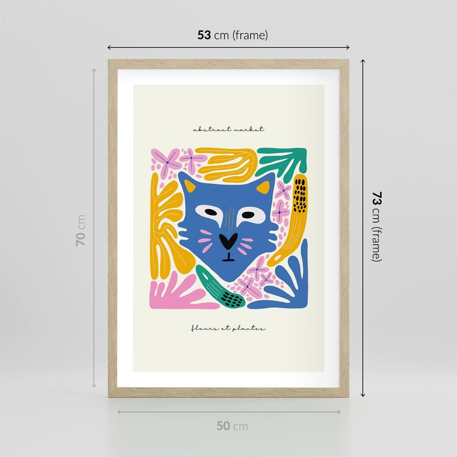 Plakat w ramie 50x70 - Kolorowe Spektrum - abstrakcyjny plakat, niebieski kot - rama drewno