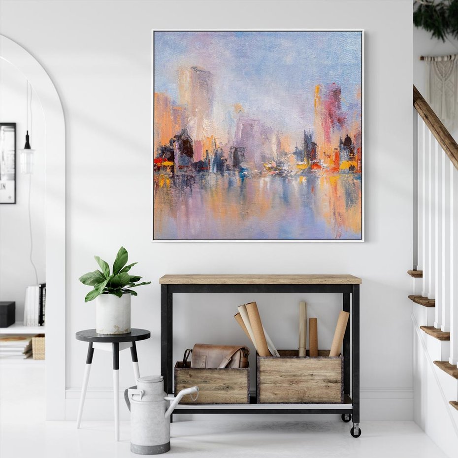 Obraz w ramie 50x50 - Miasto Refleksji - olejna panorama miasta w oddali, wiezowce odbijają się w rzece - rama biała