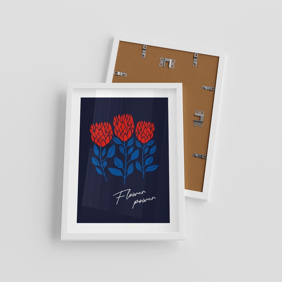 Plakat w ramie 30x40 - Podróżne Barwy - czerwone abstrakcyjne kwiaty, granatowe tło - rama biała