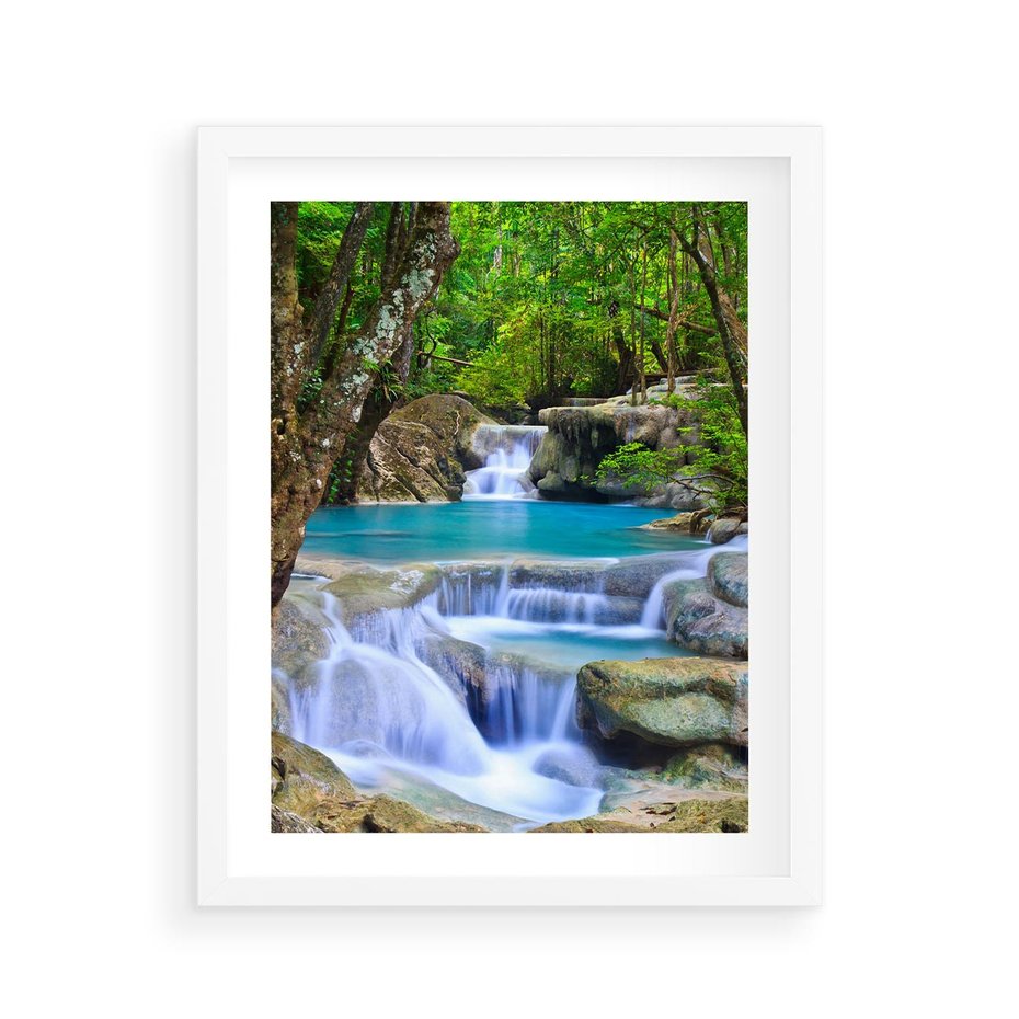 Plakat w ramie 40x50 - Siła Rzeki i Urok Wodospadu - rzeka, wodospad - rama biała