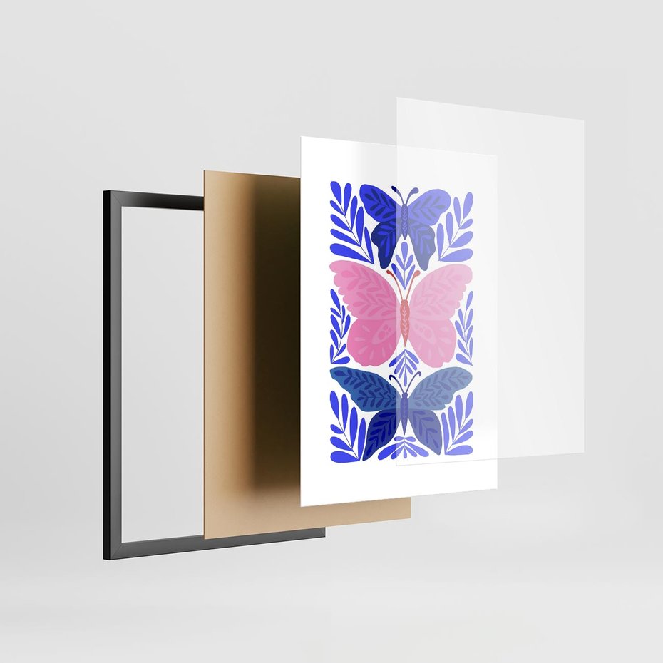 Plakat w ramie 50x70 - Delikatna Symfonia Natury - motyle, rośliny - rama czarna