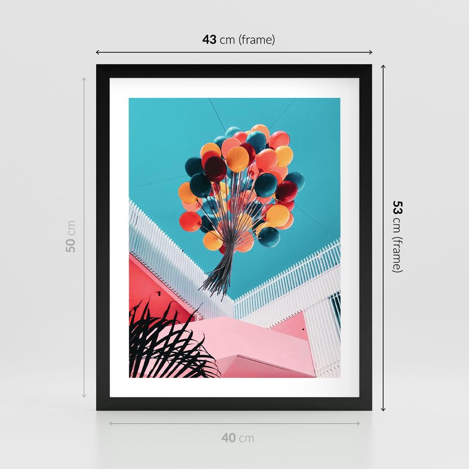 Plakat w ramie 40x50 - Kolorowe Balony Pod Niebem - kolorowe balony na tle niebieskiego nieba - rama czarna
