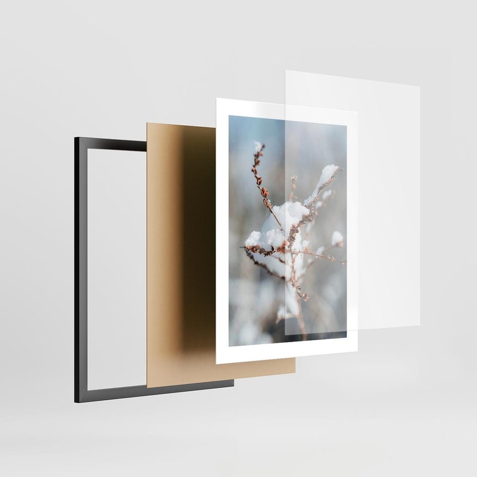 Plakat w ramie 30x40 - Zimowy Urok Natury - gałązki pod śniegiem, natura - rama czarna