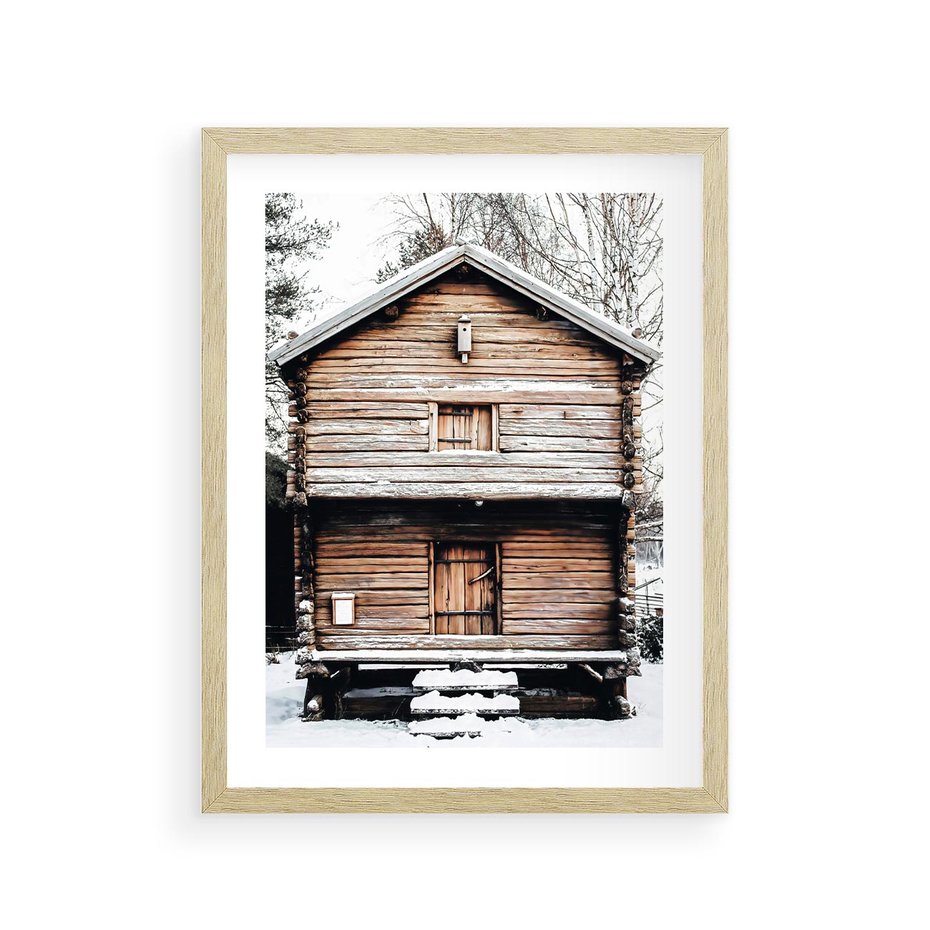 Plakat w ramie 30x40 - Śnieżny Ustronny Raj - domek w górach, śnieg - rama drewno