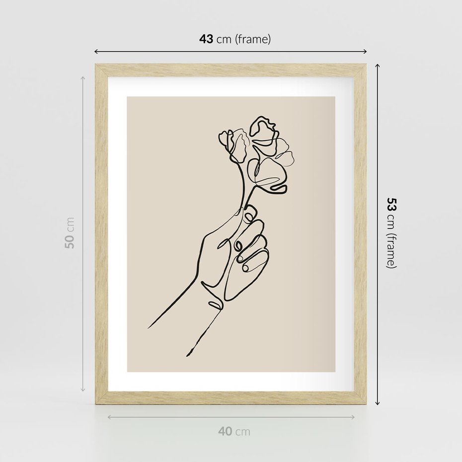 Plakat w ramie 40x50 - Szkic Kwiatu - kwiat w dłoni, szkic - rama drewno