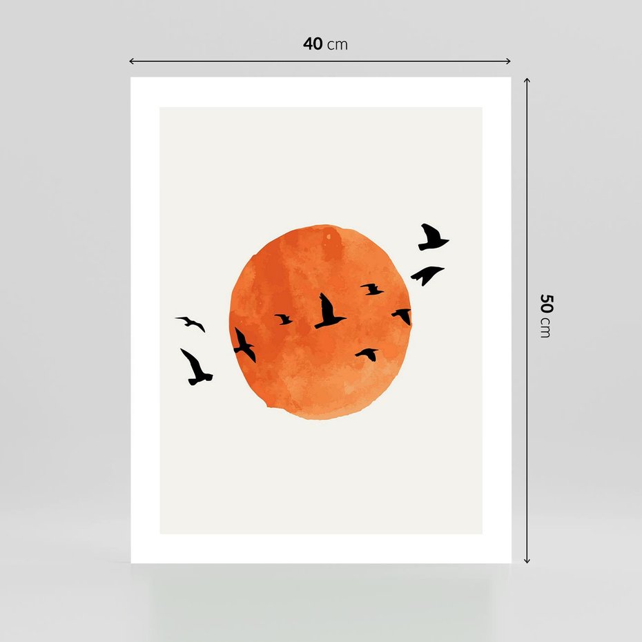 Plakat bez ramy 40x50 - Zachód Słońca i Ptaki - grafika akwarela, czarne ptaki na tle zachodu słońca