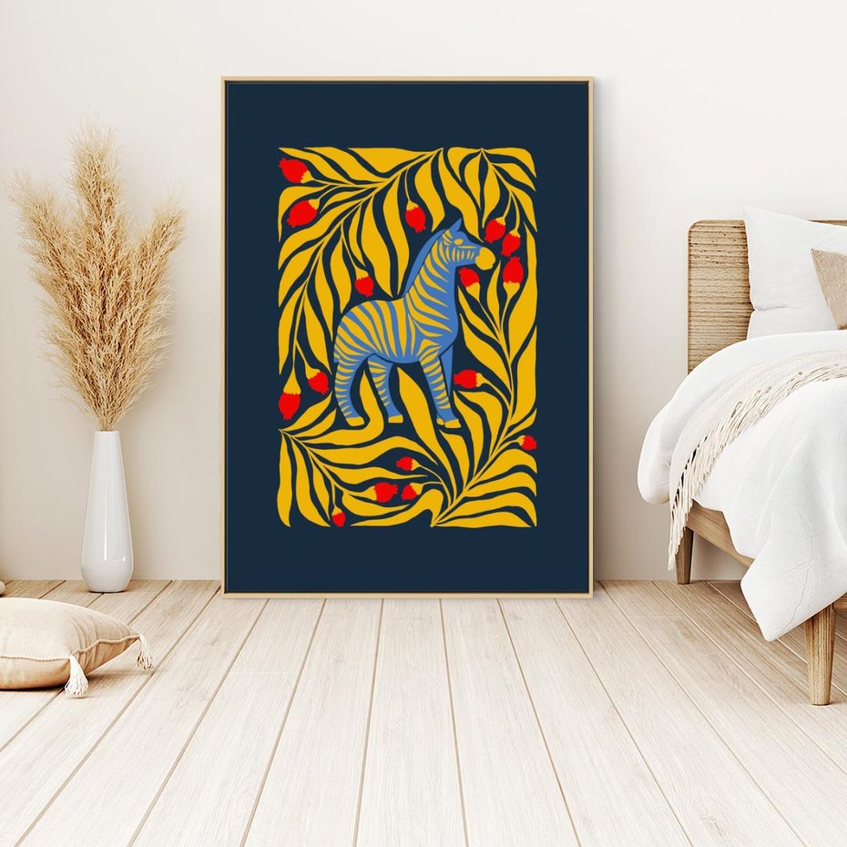 Obraz w ramie 70x100 - Wibracje Wyobraźni - zebra, granatowe tłó - rama drewno