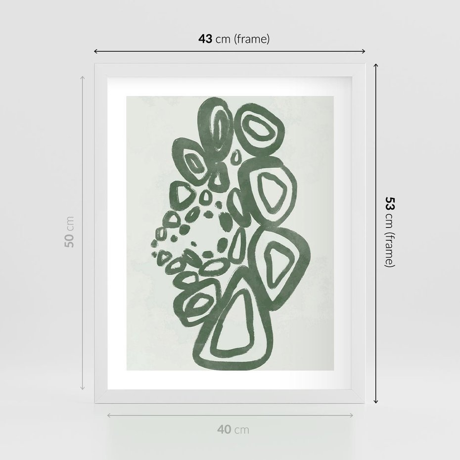 Plakat w ramie 40x50 - Migotliwe Widzenia Zieleni - zielona abstrakcja, zgaszona zieleń - rama biała