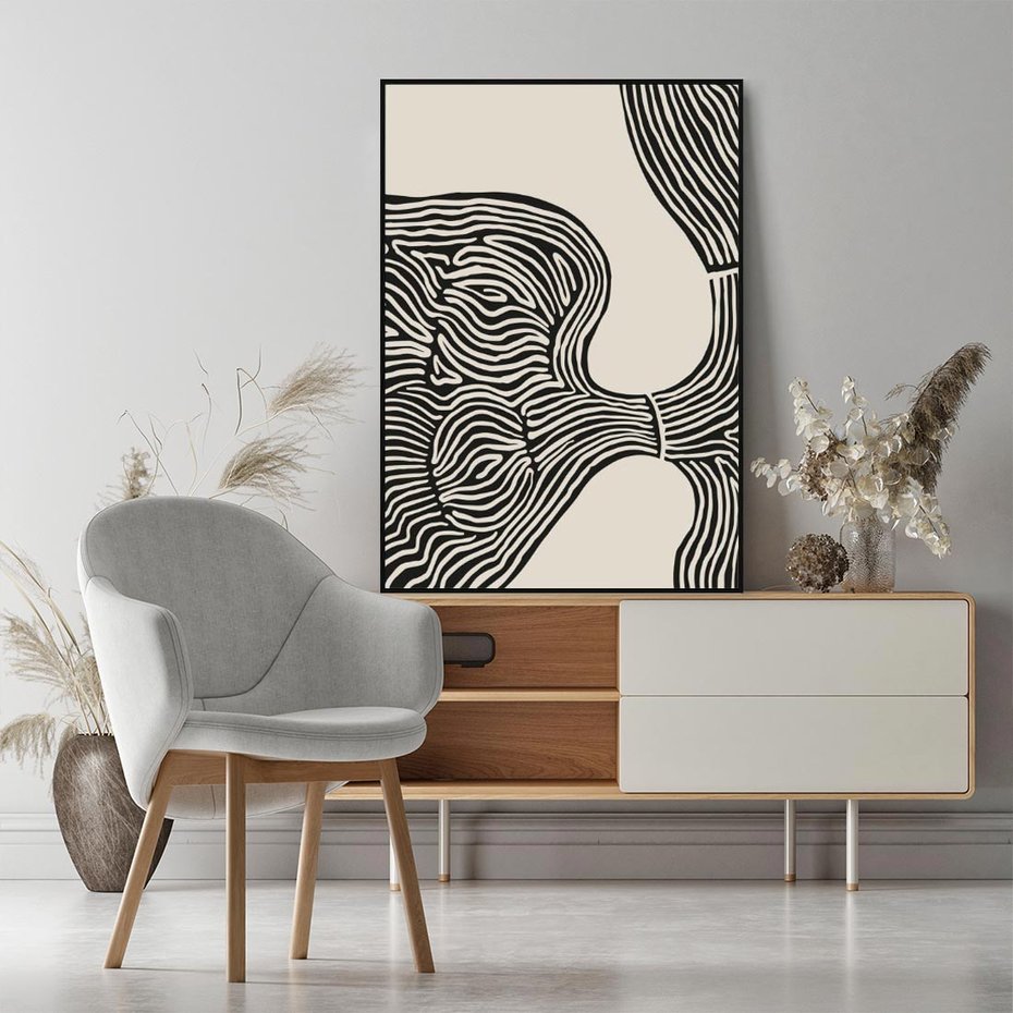 Obraz w ramie 70x100 - Harmonijne Kształty - abstrakcyjne ryciny, czarno biały - rama czarna