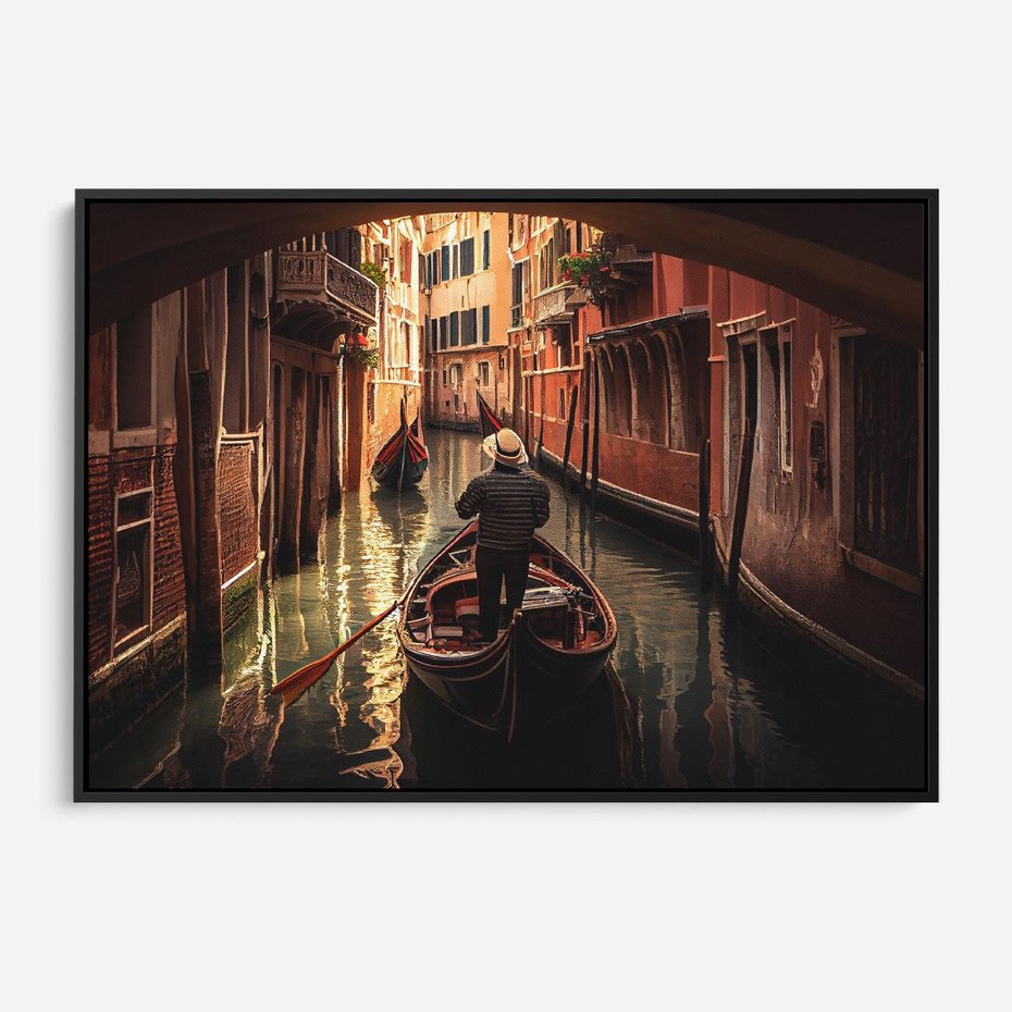Obraz w ramie 70x50 - Spokojna Wenecja - gondolier w gondoli, kanały Wenecji - rama czarna