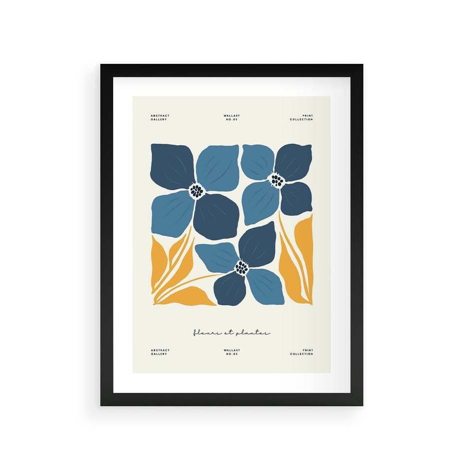 Plakat w ramie 30x40 - Błękitne Nowości - niebieskie kwiaty, nowoczesna sztuka - rama czarna