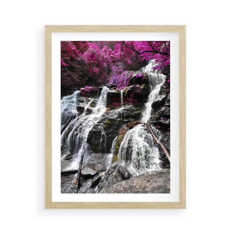 Plakat w ramie 50x70 - Wodospad wśród majestatycznych gór - wodospad, góry - rama drewno