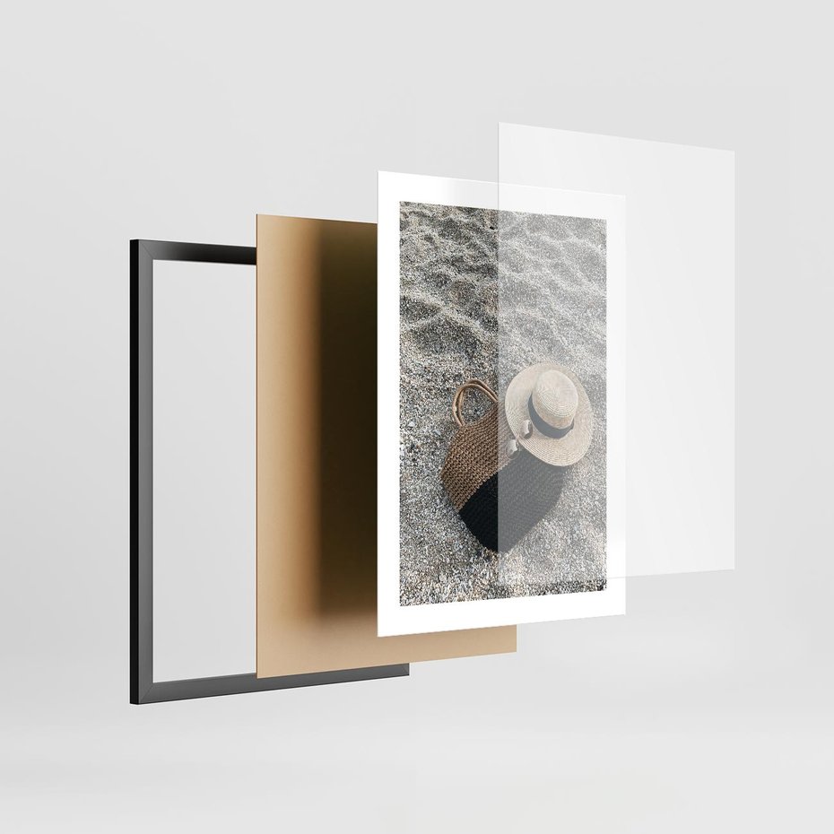 Plakat w ramie 30x40 - Plażowe Przygotowania - torba plażowa, kapelusz - rama czarna