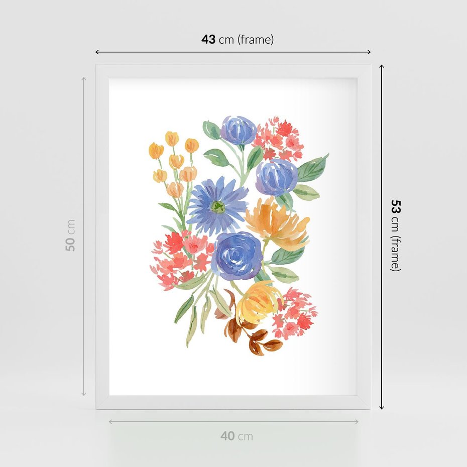 Plakat w ramie 40x50 - Kwiatowe Światło - akwarelowe kwiaty, bukiet - rama biała