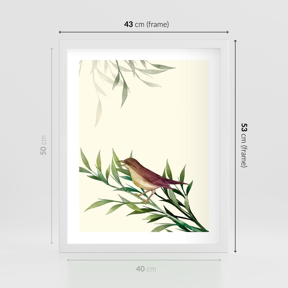 Plakat w ramie 40x50 - Roślinne Nastroje - japońska sztuka, ptak - rama biała