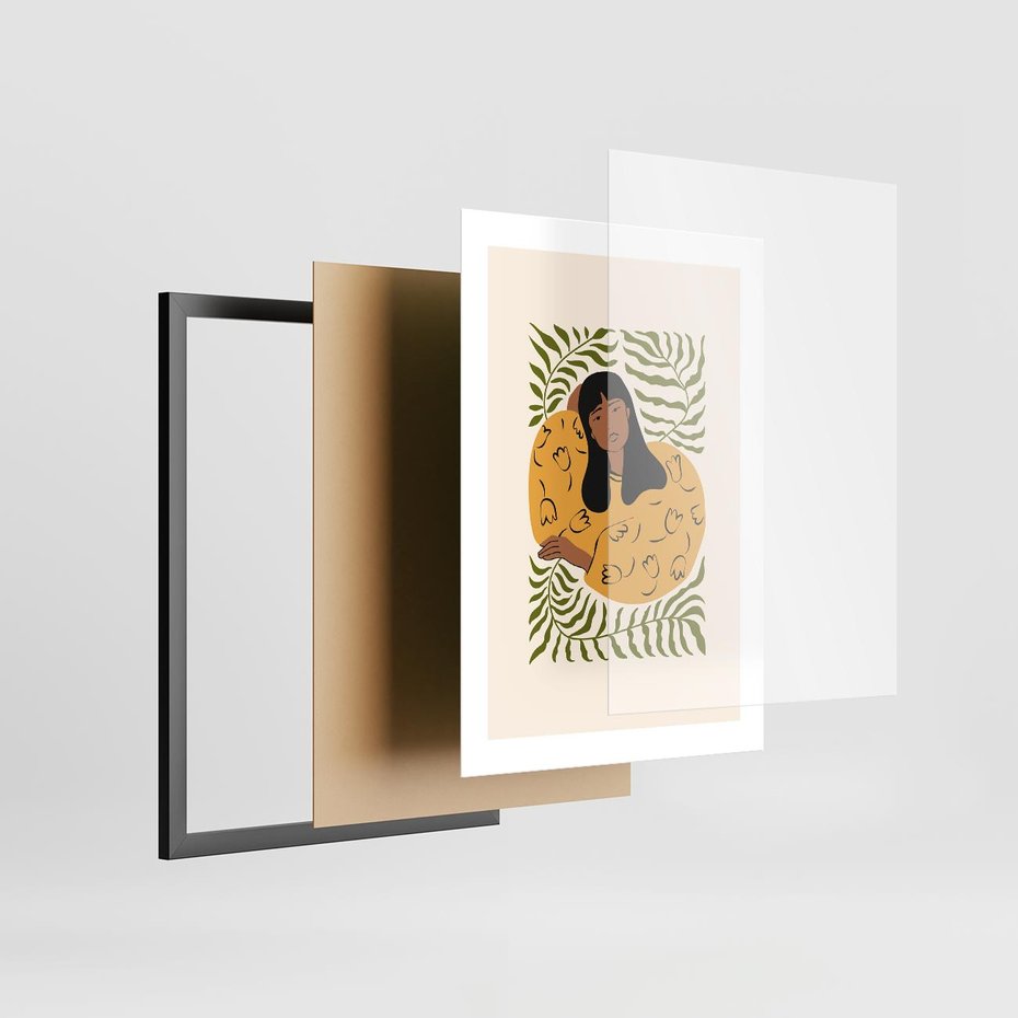 Plakat w ramie 30x40 - Malowane Odbicia Wyobraźni - nowoczesny plakat, kobieta otoczona liśćmi - rama czarna