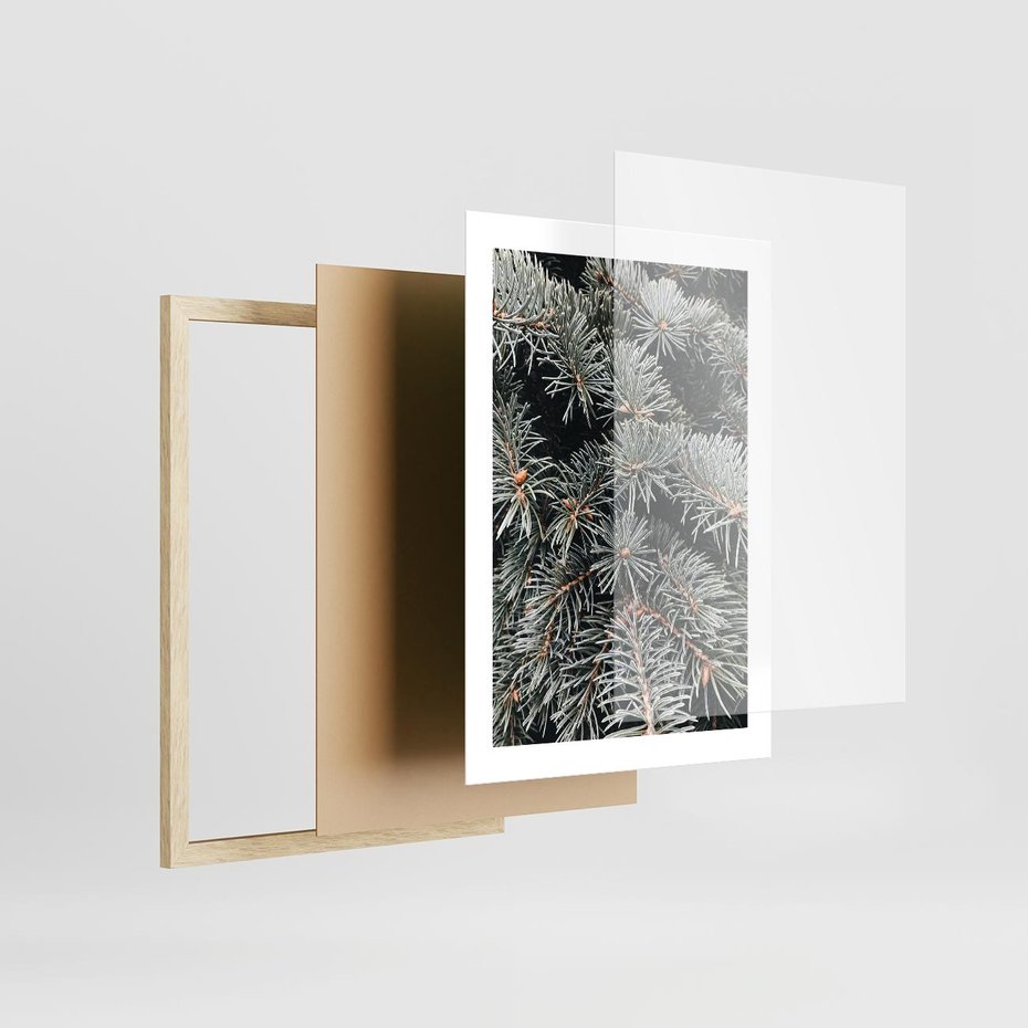 Plakat w ramie 30x40 - Zima na Gałęziach - sosnowe gałęzie, igły - rama drewno