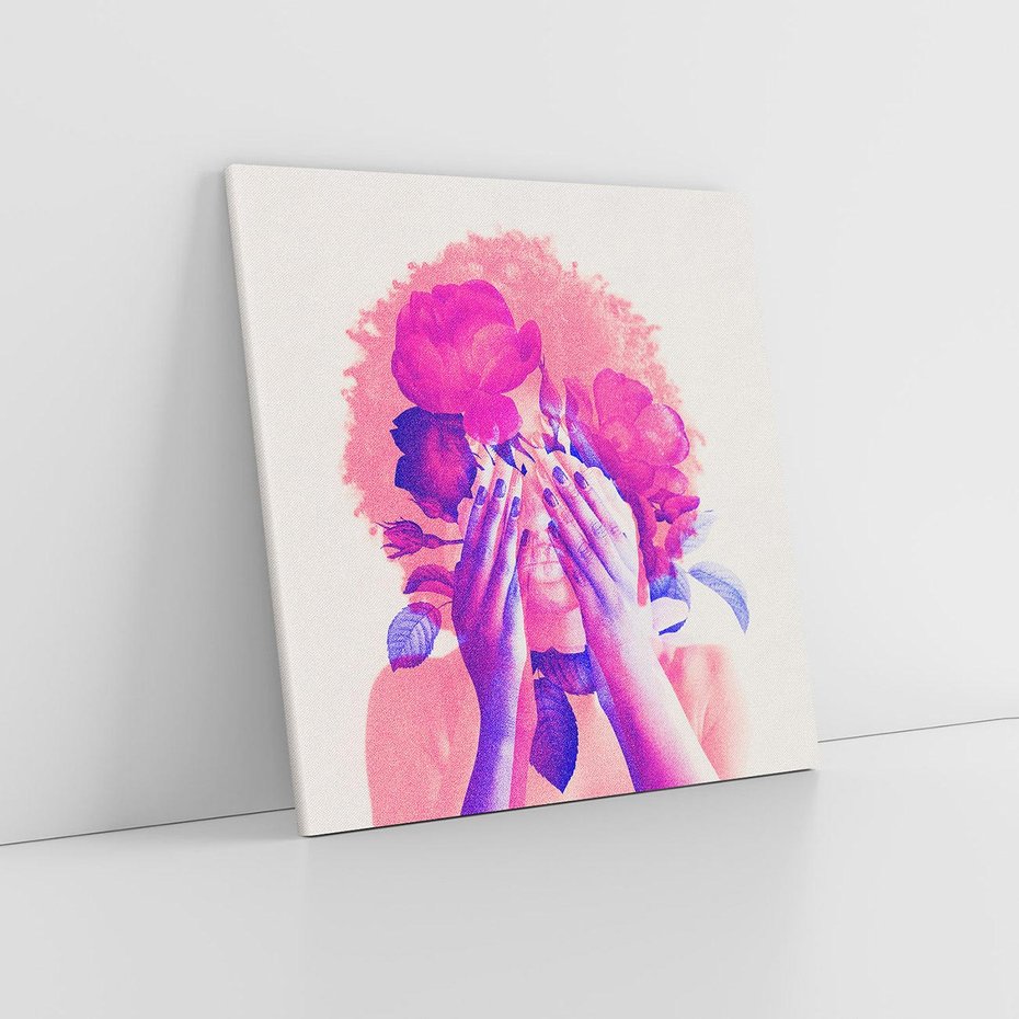Obraz na płótnie 30x30 - Kwiaty we Włosach - różowa postać, grafika
