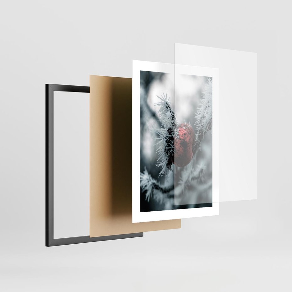 Plakat w ramie 30x40 - Chwila Zimowego Uroku - zima, ośnieżona gałązka - rama czarna