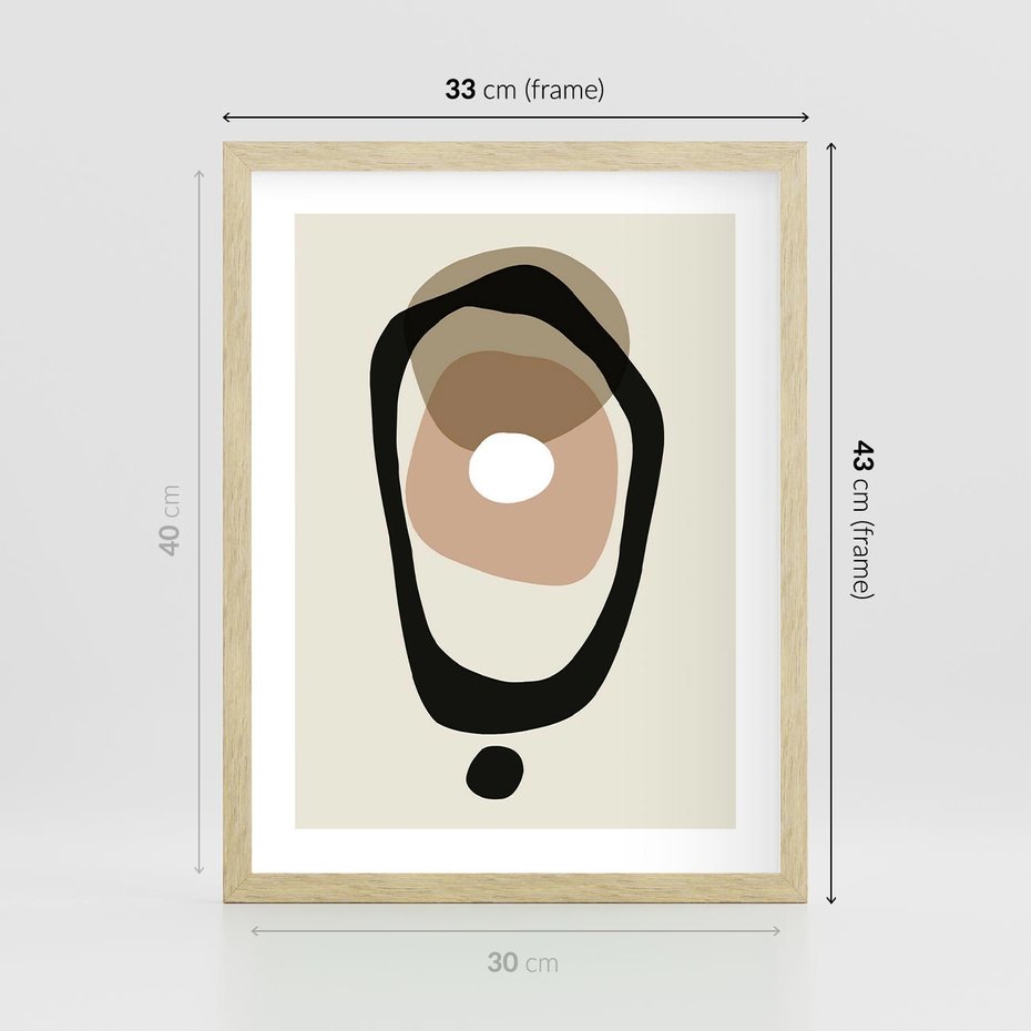 Plakat w ramie 30x40 - Intrygujące Zaskoczenia - beżowa abstrakcyjna kompozycja, czarny akcent - rama drewno