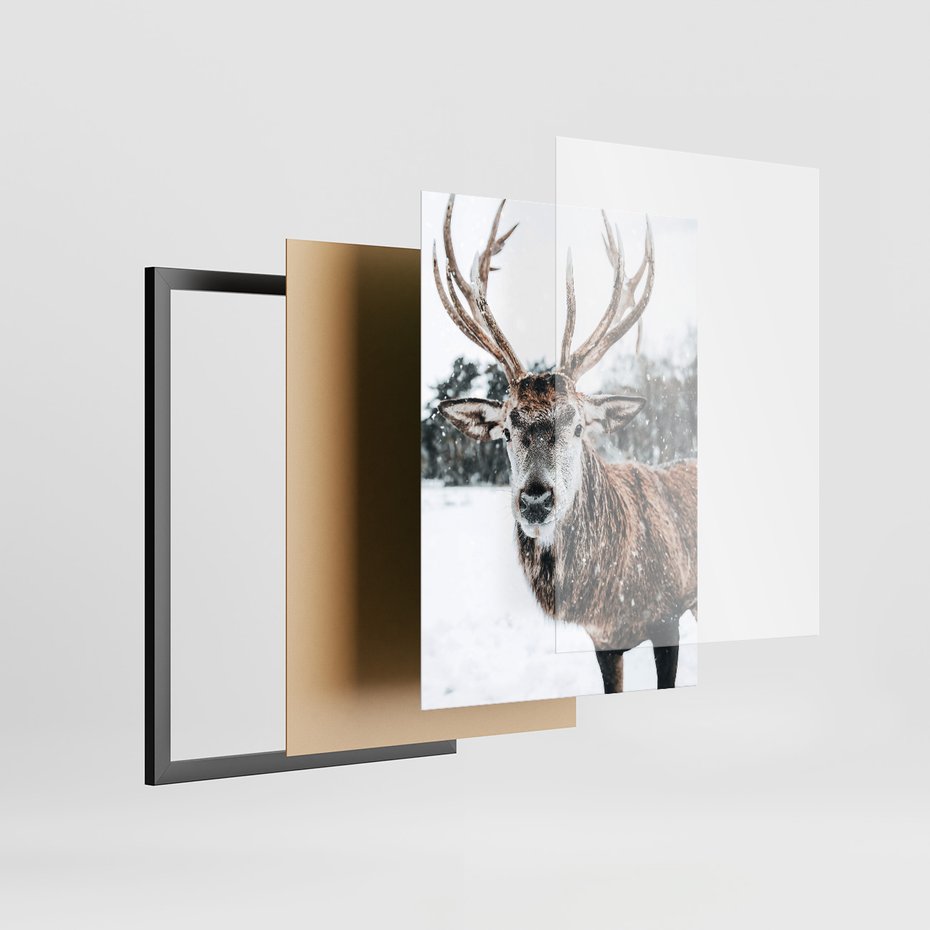 Zestaw obrazy w ramie 50x70 galeria - Jeleń, bizon, zima, retro - rama czarna