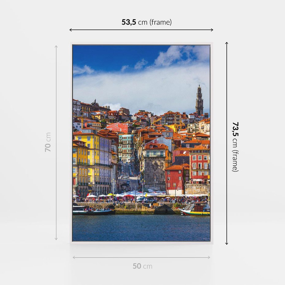 Obraz w ramie 50x70 - Kolorowa Przystań - nadmorskie miasto, kolorowe budynki - rama biała