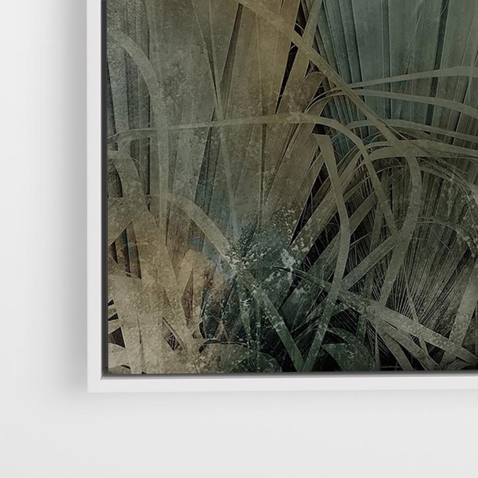 Obraz w ramie 100x70 - Światło w mroku duszy - liście traw, mroczny klimat - rama biała