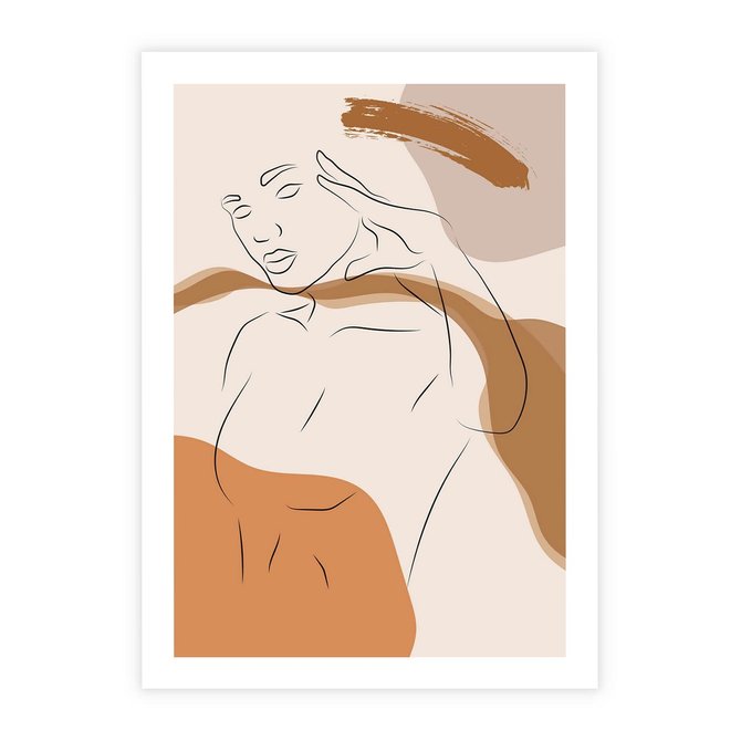 Plakat bez ramy 21x30 - Sztuka Piękna w Beżach i Brązach - szkic jedną linią, naga kobieta