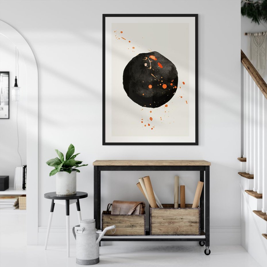 Plakat w ramie 50x70 - Wnętrza Marzeń - abstrakcyjna czarna plama, rozsiane pomarańczowe kropki - rama czarna