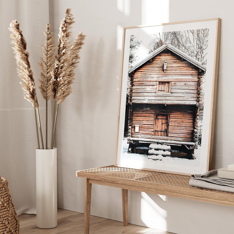 Plakat w ramie 30x40 - Śnieżny Ustronny Raj - domek w górach, śnieg - rama drewno