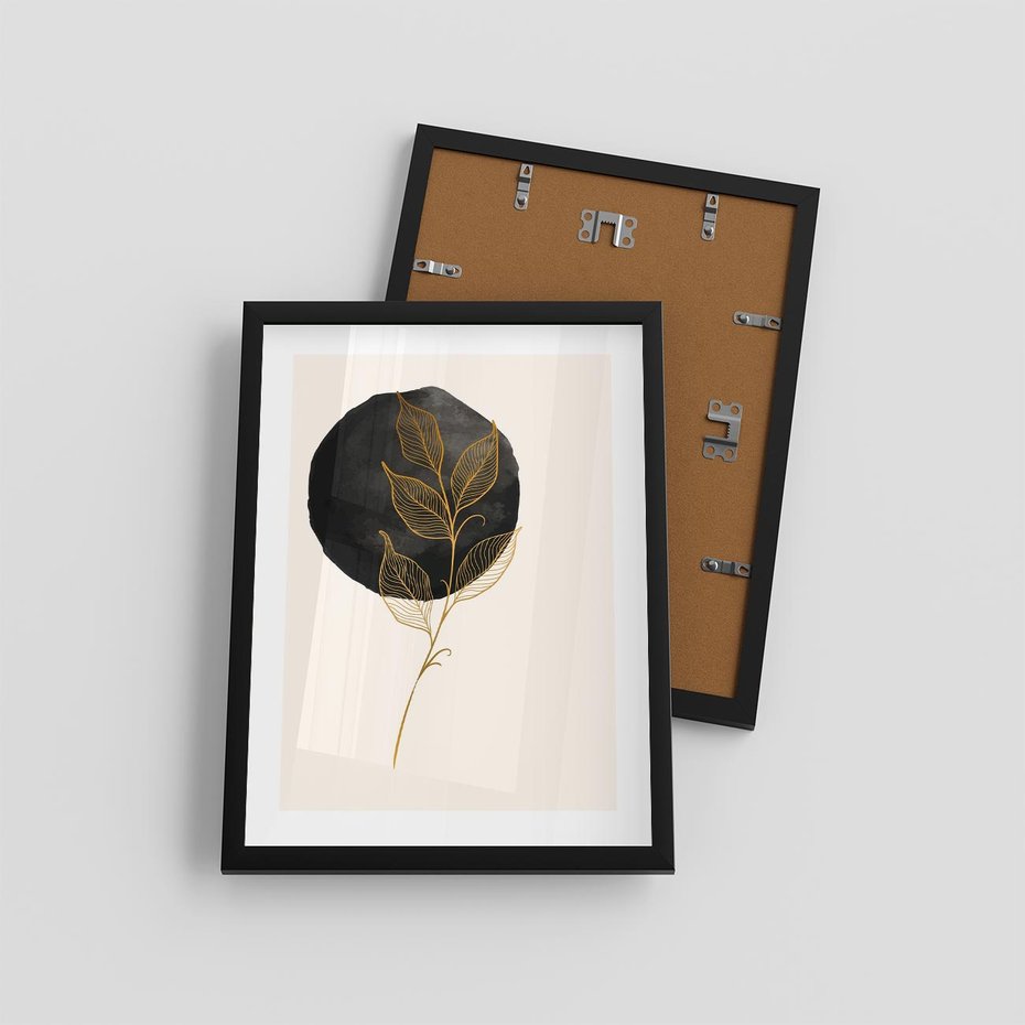 Plakat w ramie 30x40 - Złoty Liść na Czarnej Plamie - grafika, złoty liść - rama czarna