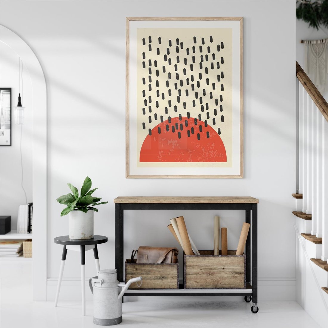 Plakat w ramie 40x50 - Czerwona Abstrakcja: Grafika z Wyrazistym Kołem - abstrakcja grafika, czerwone koło - rama drewno