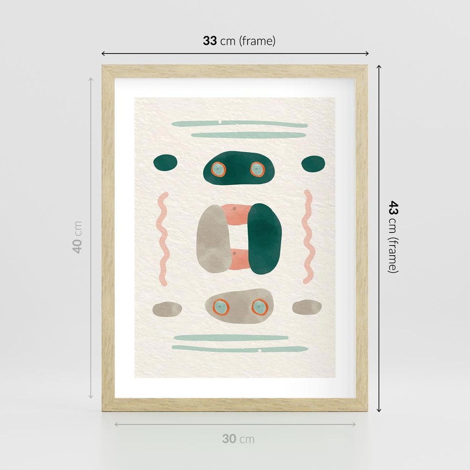 Plakat w ramie 30x40 - Tańczące Kształty Natury - przypadkowe abstrakcyjne wzory, pomarańczowy i zielony - rama drewno