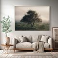 Obraz w ramie 120x80 - Zamglona Prostota - artystyczna fotografia, samotne drzewo na zamglonej łące - rama drewno